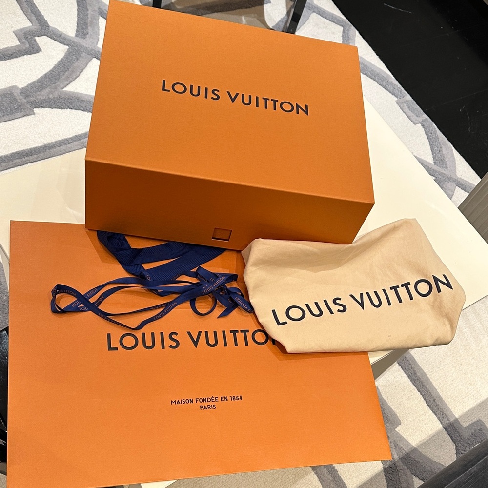 Louis Vuitton Orange Gift Box, Orange Gift Bag, Navy Ribbon, Beige Dust Bag
